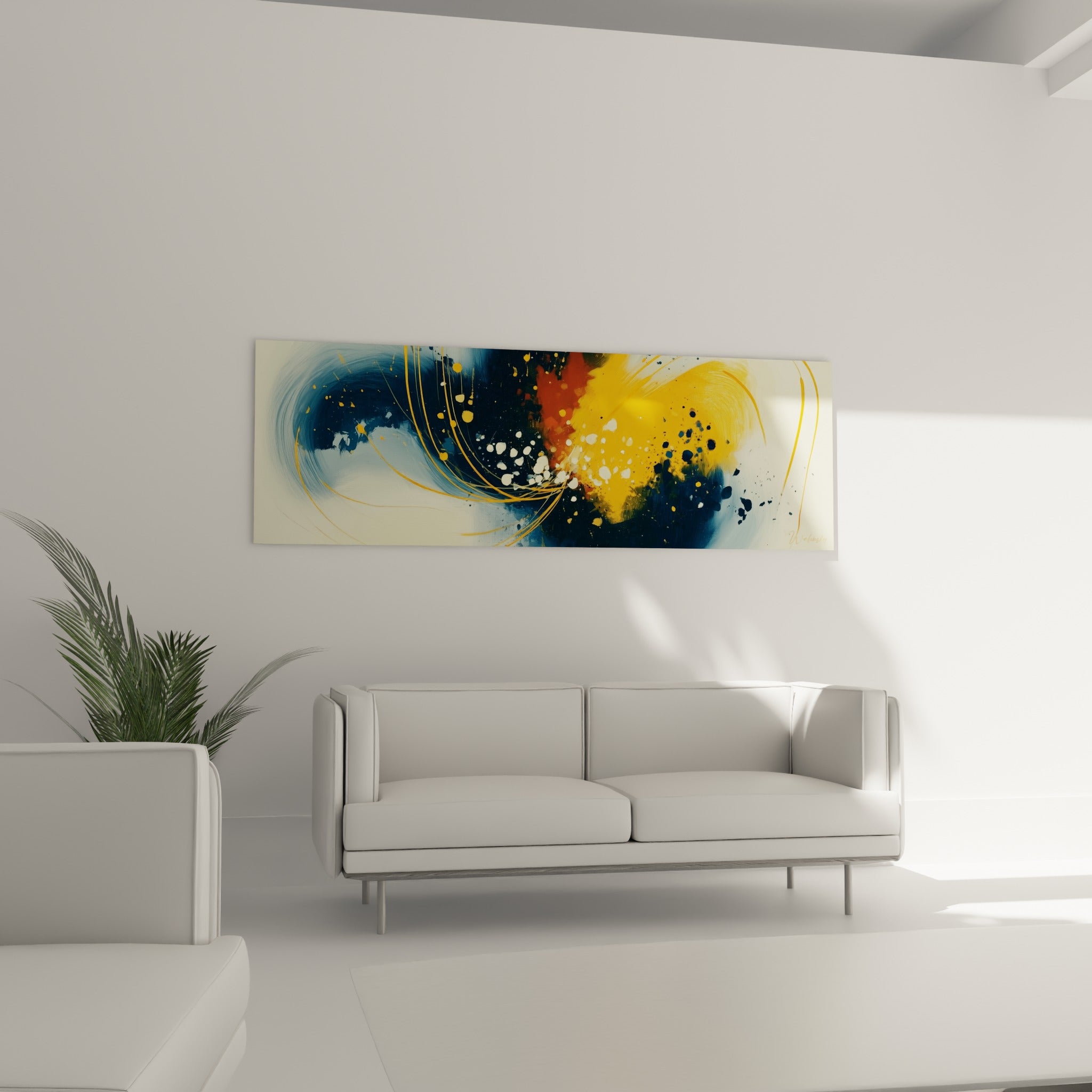 Composition anthracite et orangée de ce tableau artistique abstrait au-dessus d'un canapé dans un salon lumineux