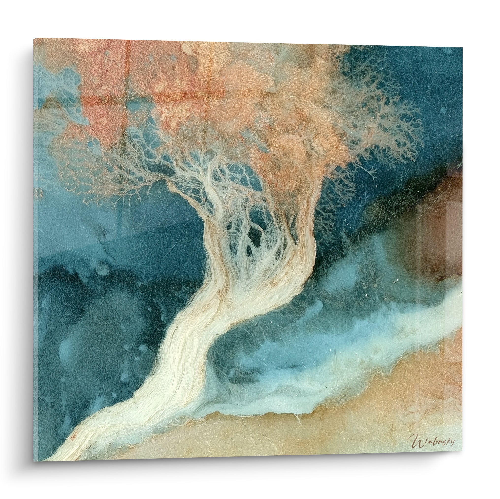 Arbre sinueux aux racines blanches sur fond bleu marine et cime corail, style artistique abstrait