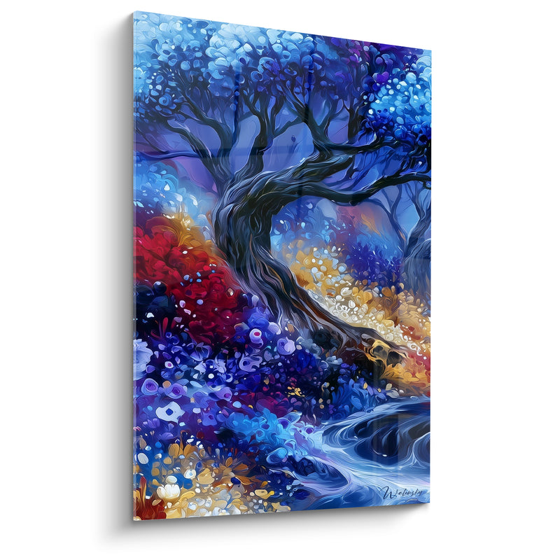 Tableau Arbre noueux aux feuillages bleu et doré - Forêt enchantée - Edition Artistique abstrait