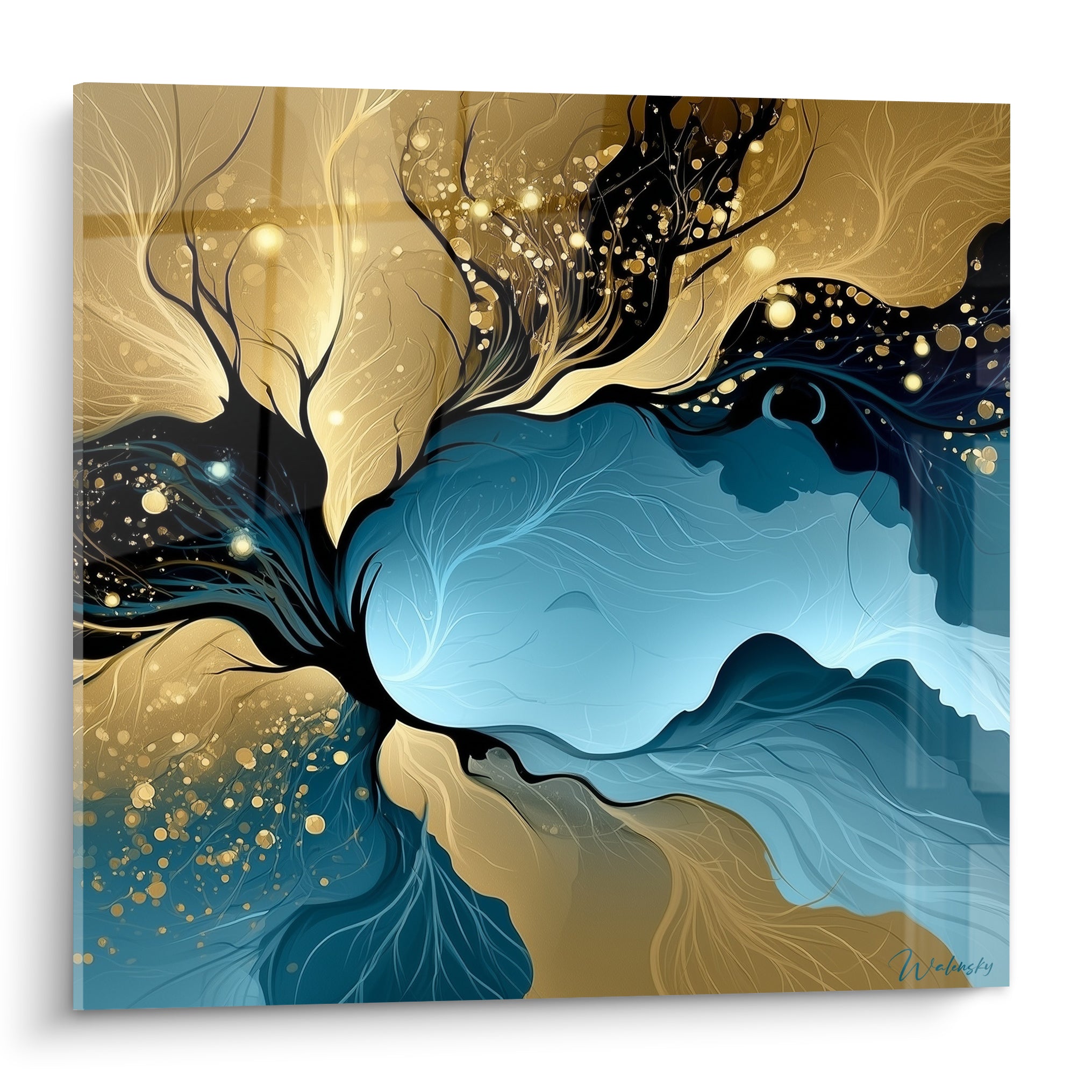 Arbre stylisé aux racines noires, branches dorées et vague bleu marine fusionnées en un mouvement fluide