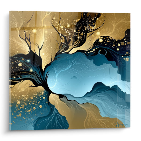 Cuadro Árbol negro con raíces doradas y azules - Nervaduras luminosas entrelazadas - Edición Artística abstracta