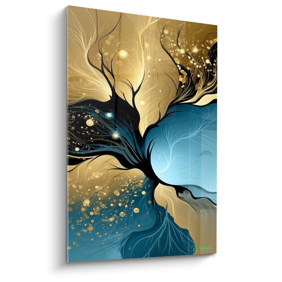Golden and Blue Tree Painting with Luminous Roots - Constellation of Sparkling Particles - Artistic Abstract Edition