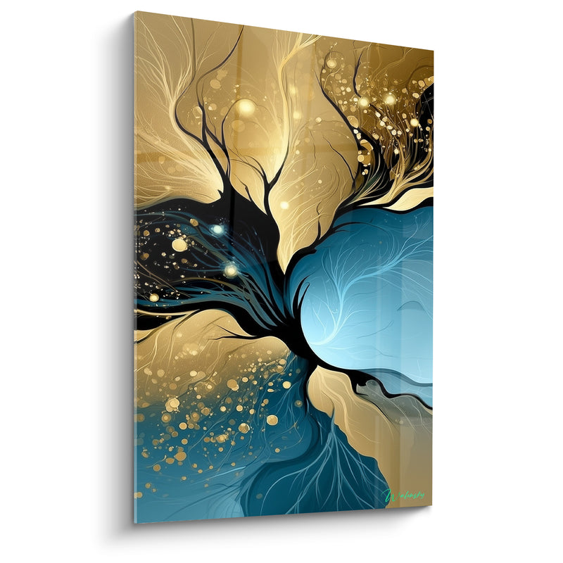 Tableau Arbre doré et bleu aux racines lumineuses - Constellation de particules scintillantes - Edition Artistique abstrait