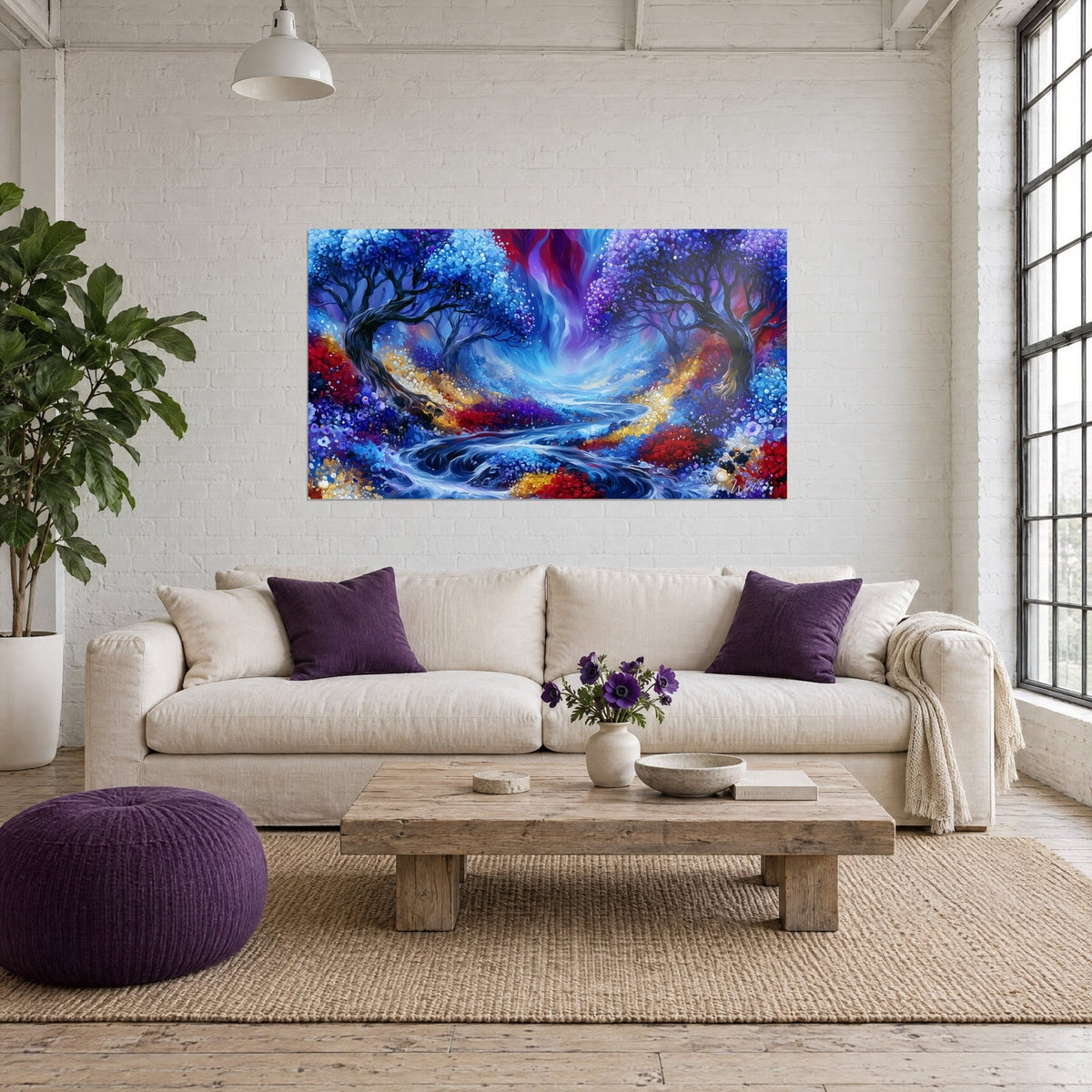 Wall art dreamlike river winding between cobalt blue and vivid red trees, golden reflections, above a sofa in a bright living room