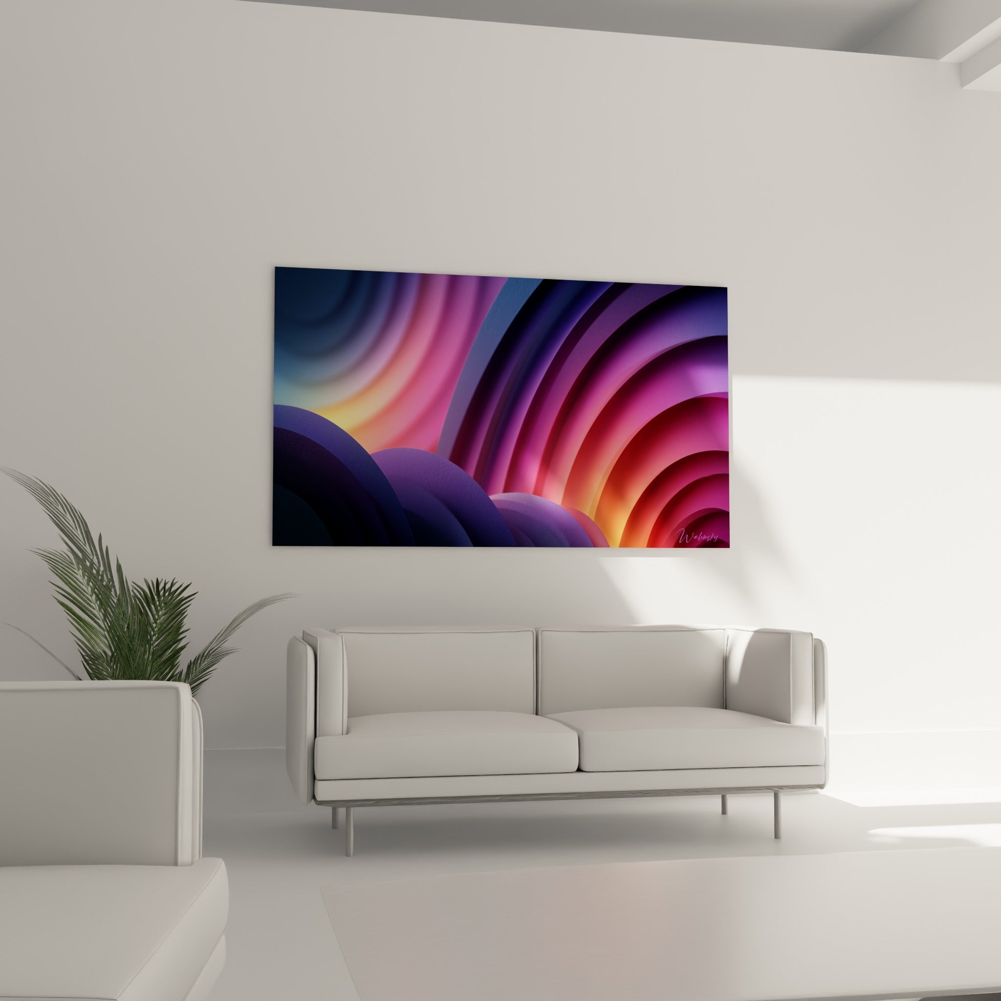 Arcs bleu marine et roses de ce tableau Artistique abstrait, placé au-dessus d'un canapé dans un salon lumineux