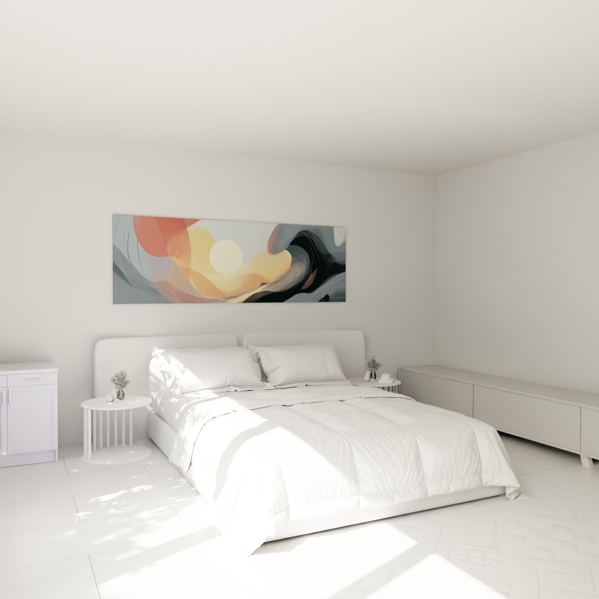 Astre doré cerné de volutes grises et corail, accroché au-dessus d'un lit dans une chambre claire