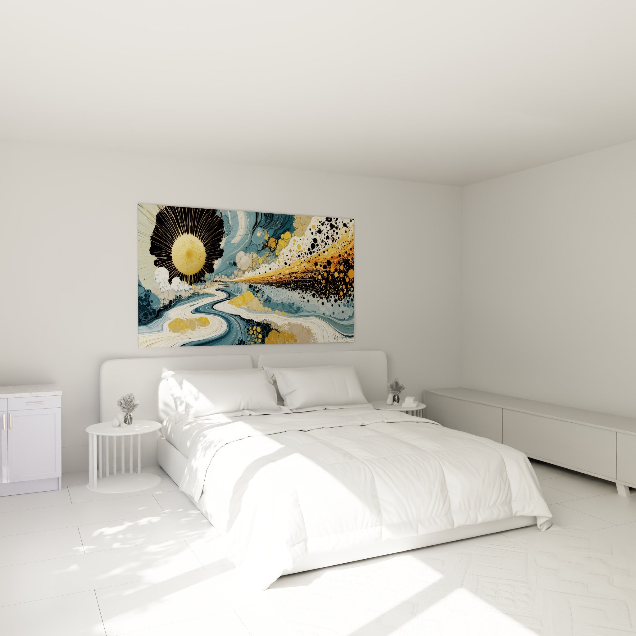 Astre ocre et fleuve blanc sur fond bleu marine, accrochés au-dessus d'un lit dans une chambre claire