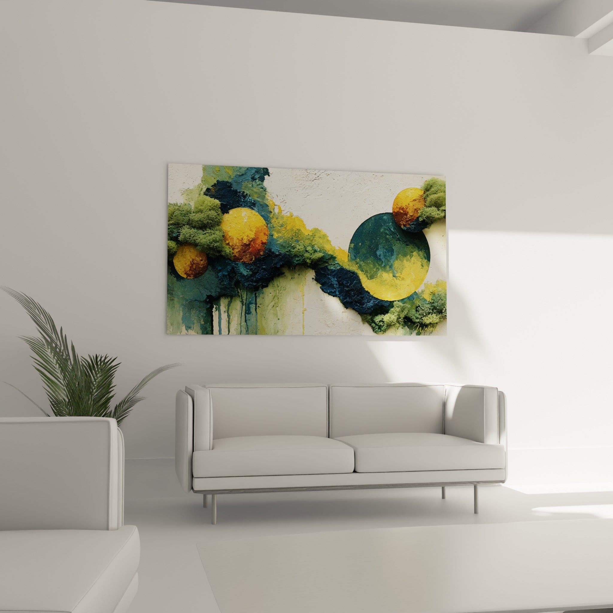 Astres dorés et coulures bleu pétrole surplombant un canapé dans un salon lumineux