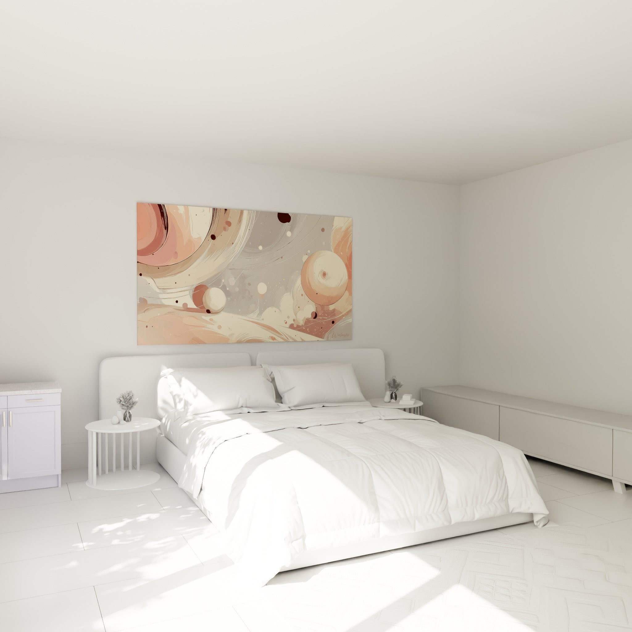Sphères terracotta et gris perle en apesanteur, accrochées au-dessus d'un lit dans une chambre claire