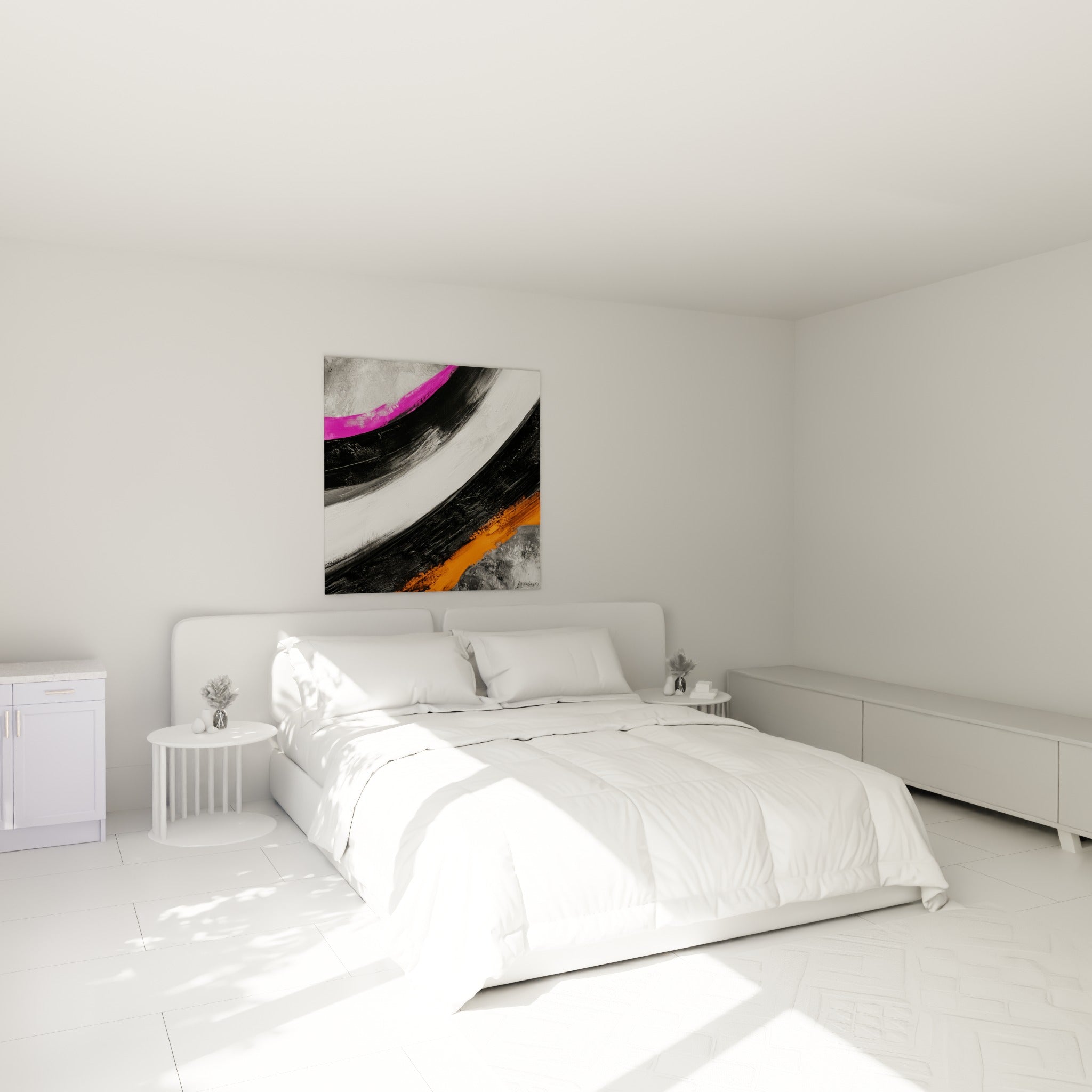Larges bandes noires et magenta d'un tableau artistique abstrait, accroché au-dessus d'un lit dans une chambre claire