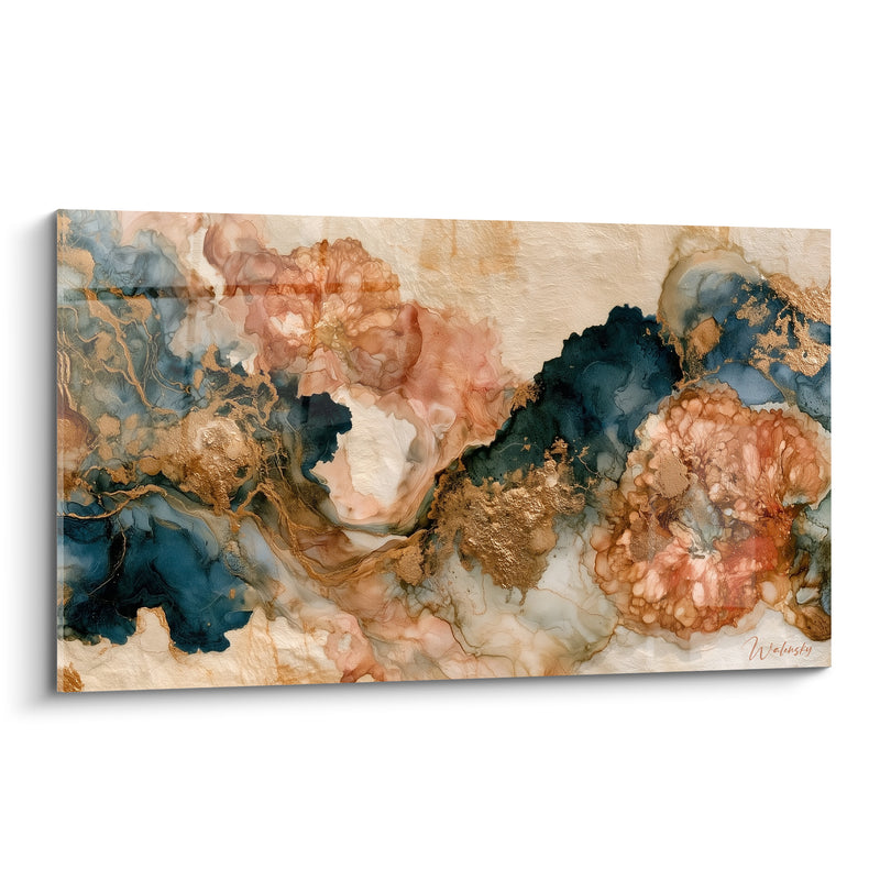 Tableau Marbrures bleu marine et corail doré - Écoulement minéral - Edition Artistique abstrait
