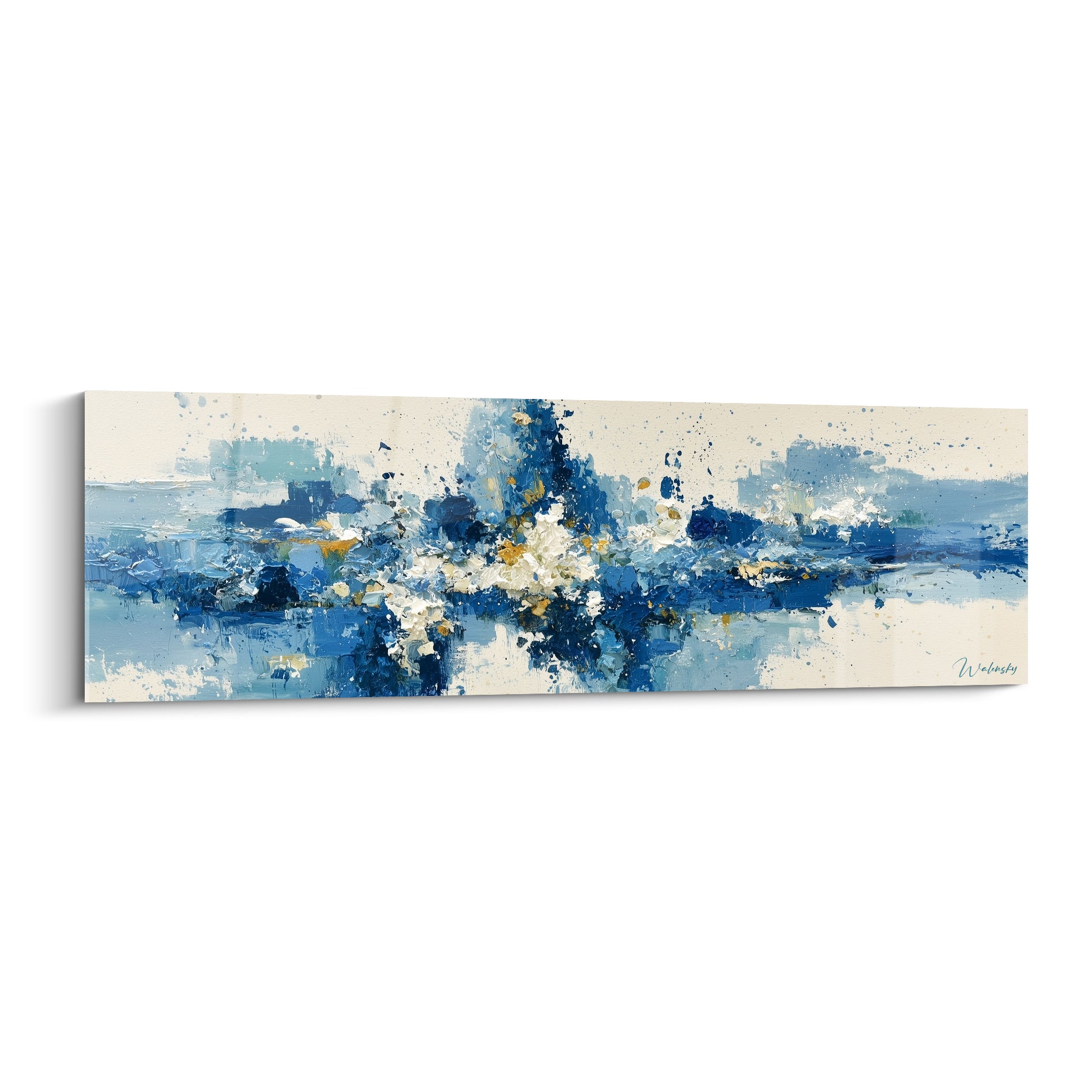 Vague abstraite bleu marine et dorée aux empâtements épais sur fond blanc crème lumineux