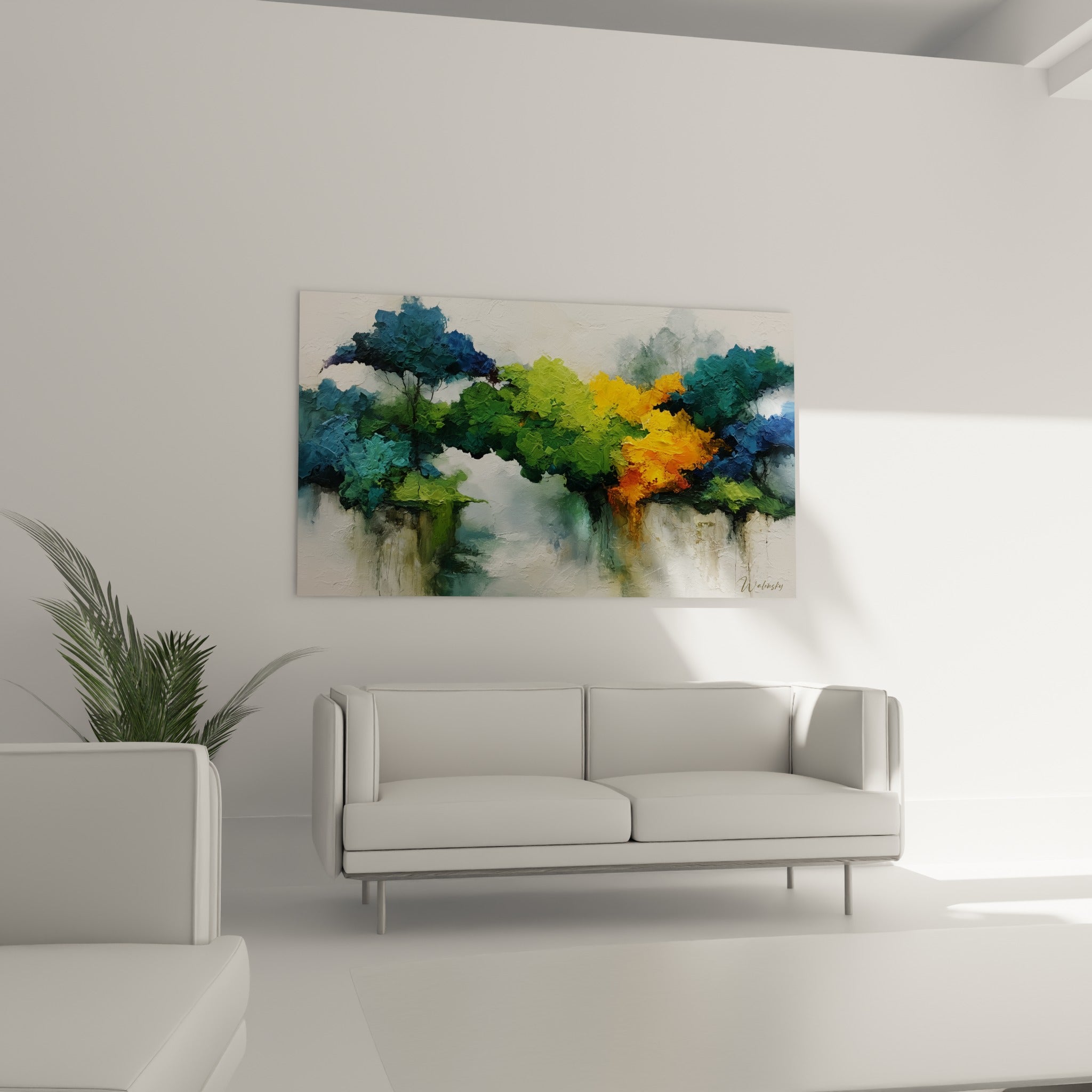 Végétation stylisée bleu marine et jaune doré accrochée au-dessus d'un canapé dans un salon lumineux