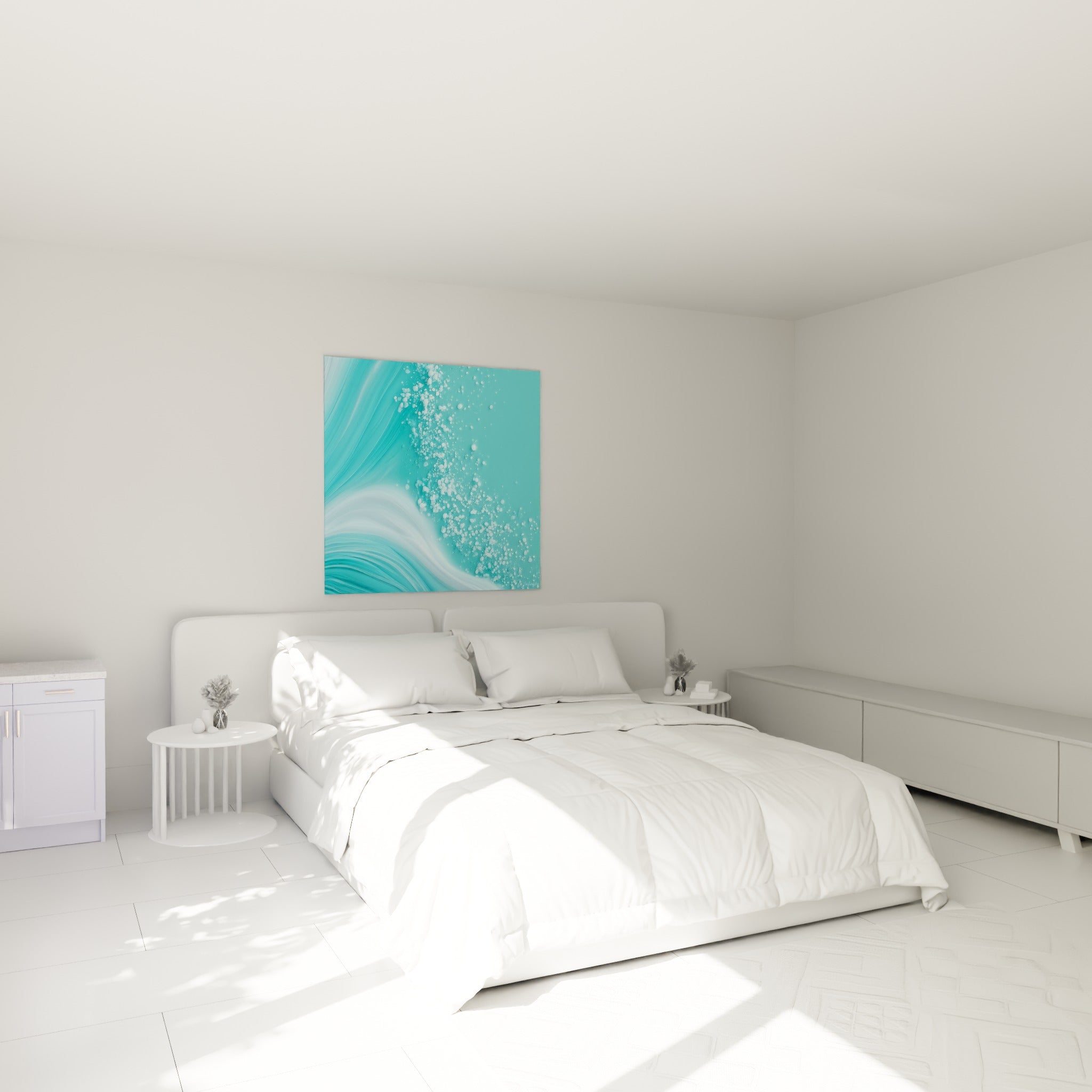 Écume blanche sur fond bleu marine et turquoise, accrochée au-dessus d'un lit dans une chambre claire