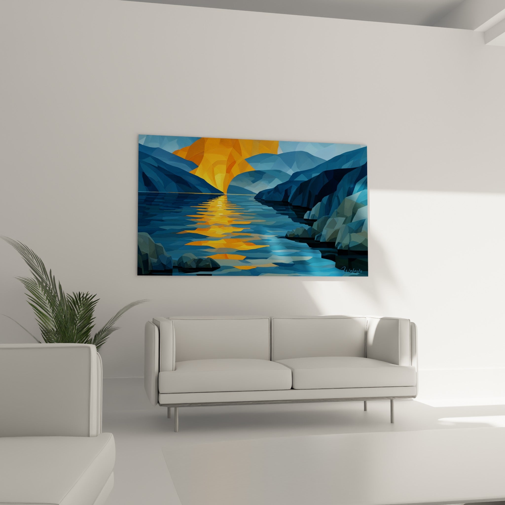 Coucher de soleil ocre sur fjord bleu marine, tableau accroché au-dessus d'un canapé dans un salon lumineux