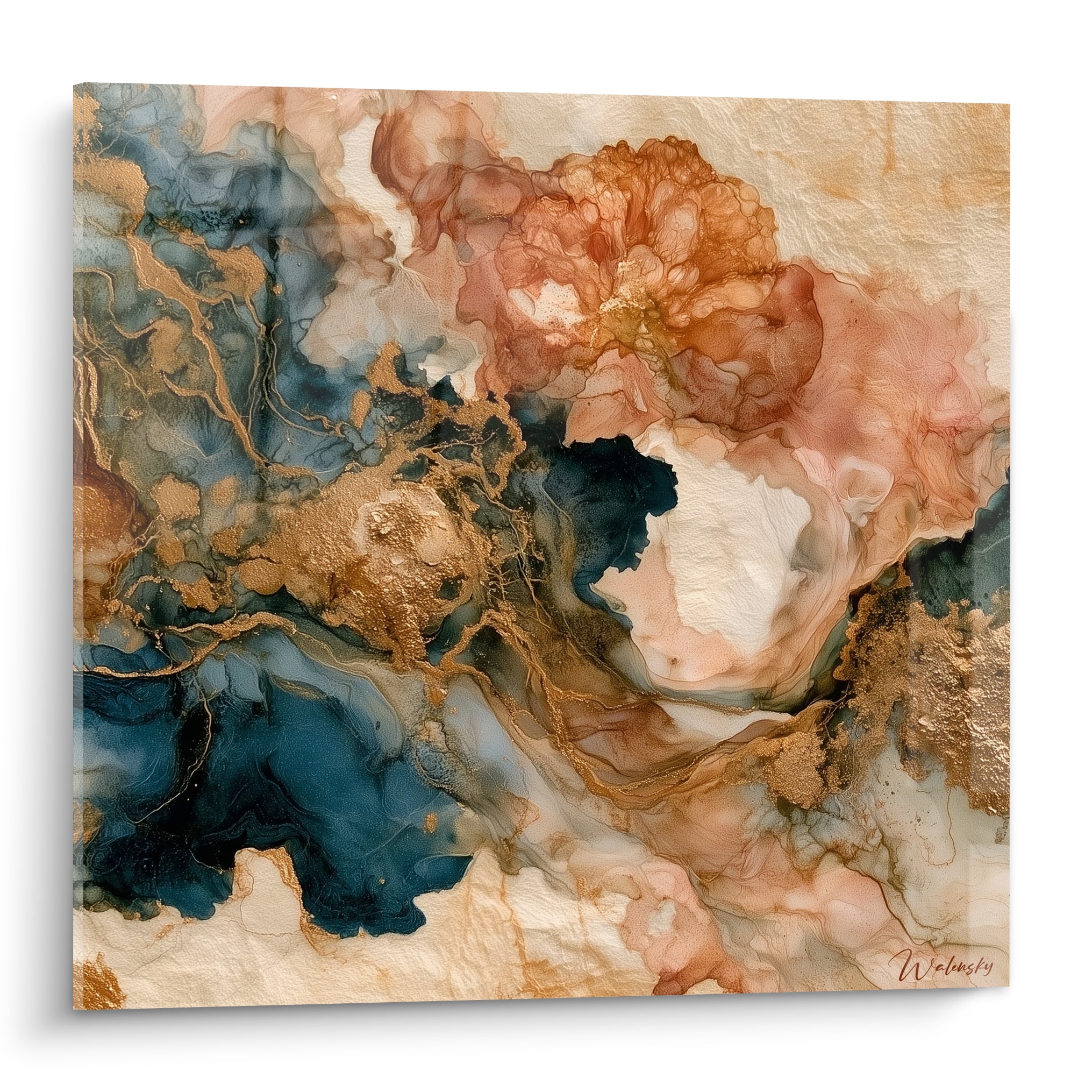 Marbrures bleu marine et terracotta doré fusionnant sur fond crème texturé