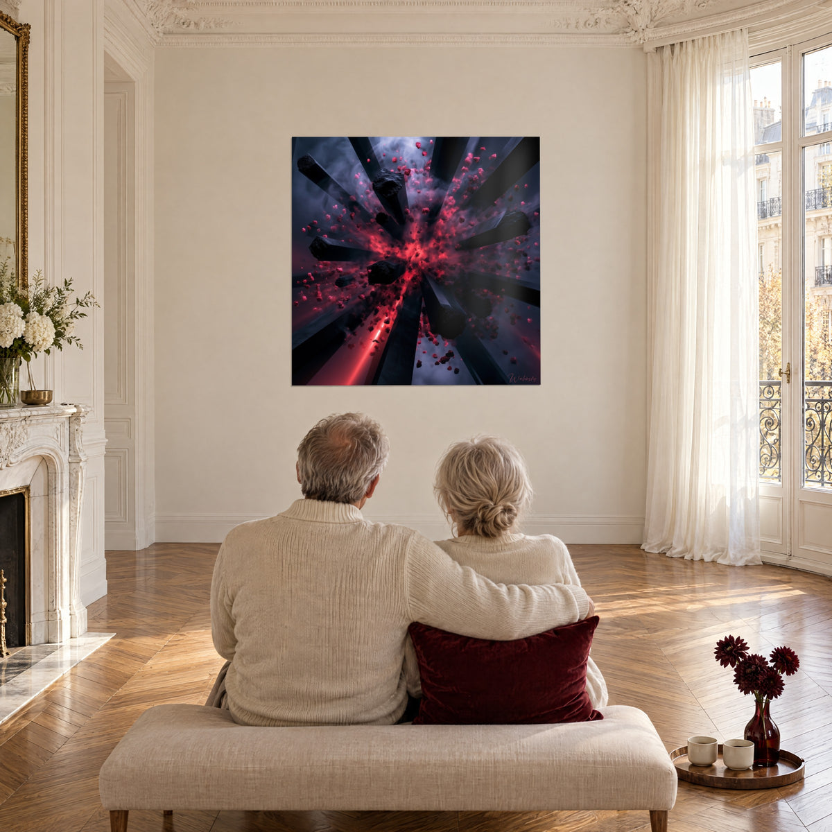Wall art volcano of red embers and charred beams, elderly couple embracing on a bench, in a grand Haussmann living room