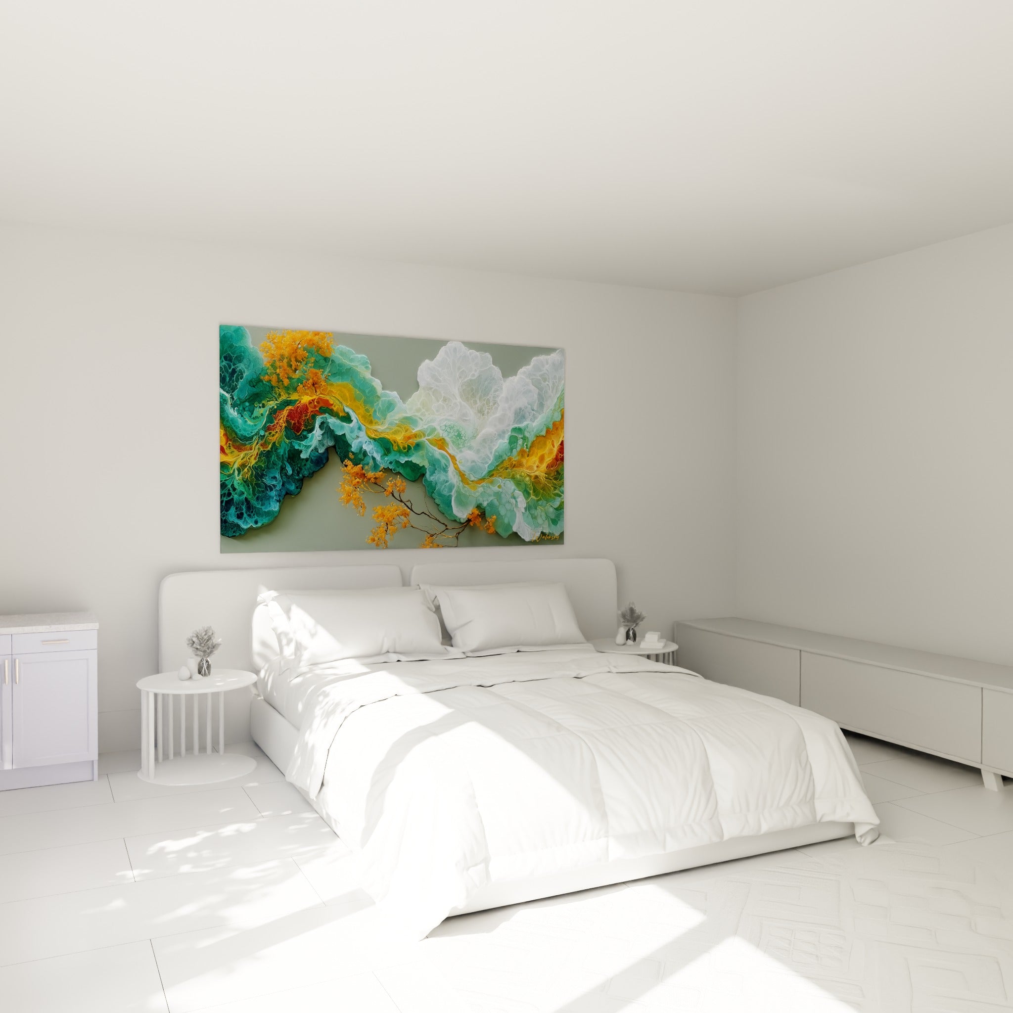 Formes coralliennes turquoise et dorées au-dessus d'un lit dans une chambre claire