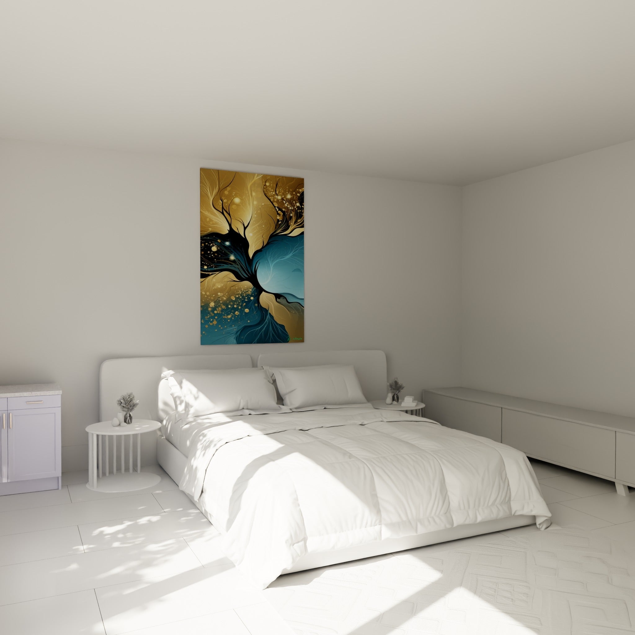 Composition dorée et turquoise aux racines sombres, au-dessus d'un lit dans une chambre claire