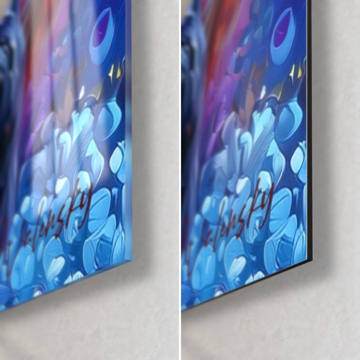Quadro di un boschetto onirico blu turchese, angolo in basso a destra in vetro lucido che riflette la luce e Dibond opaco, spessore 3 mm