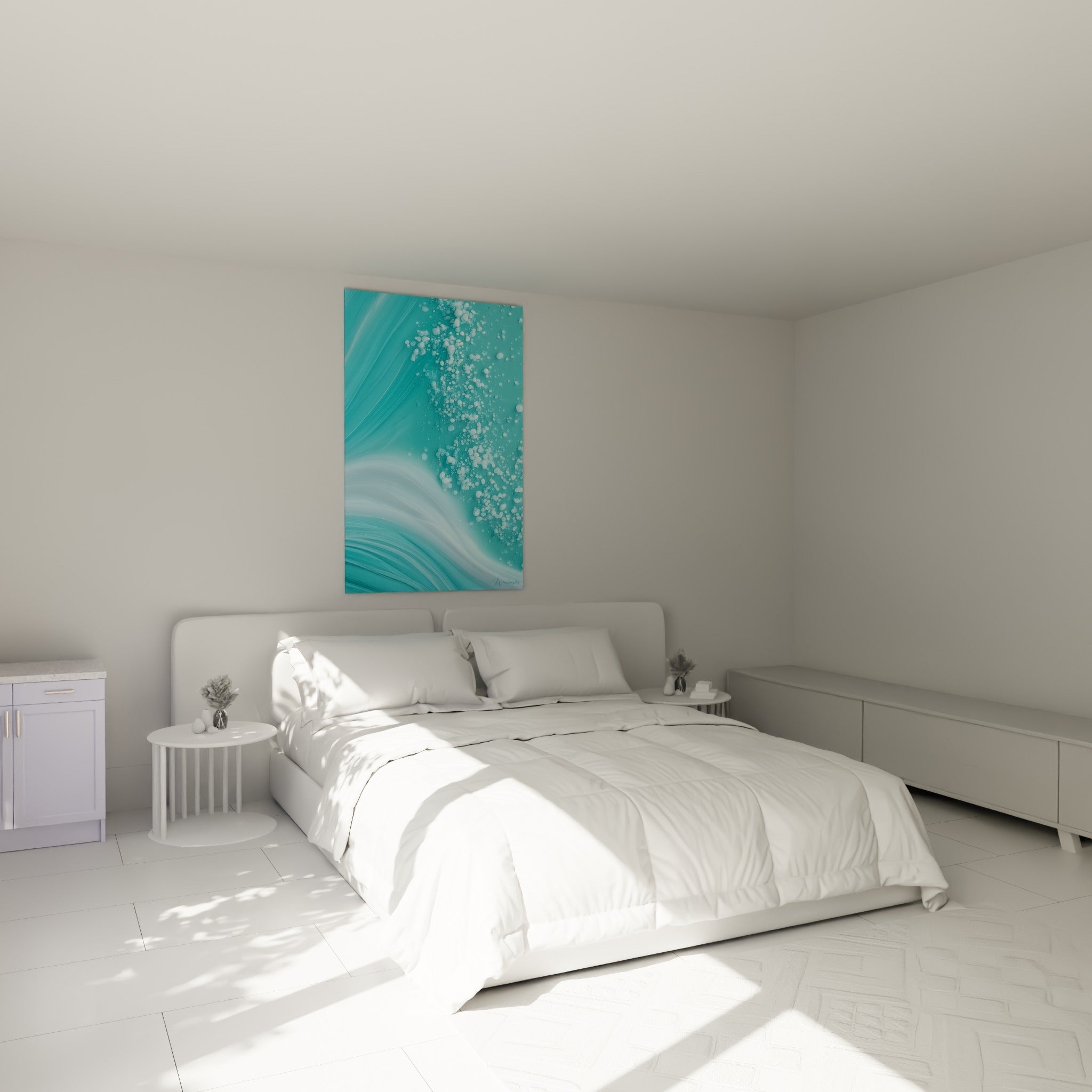 Bulles blanches et courbes turquoise se rencontrent, œuvre accrochée au-dessus d'un lit dans une chambre claire
