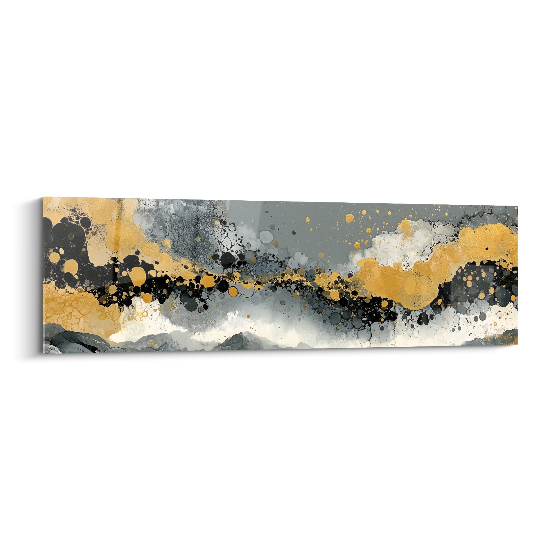 Bulles dorées et anthracite en vagues sinueuses, tableau artistique abstrait aux reflets métallisés