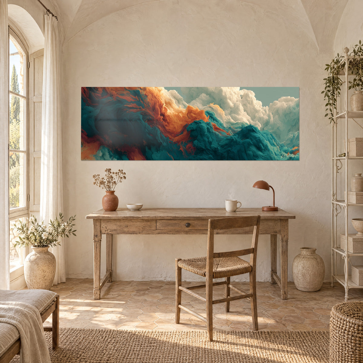 Quadro di paesaggio celeste astratto, onde turchesi e fiamme ocra su un cielo grigio-verde, sopra una scrivania in legno chiaro