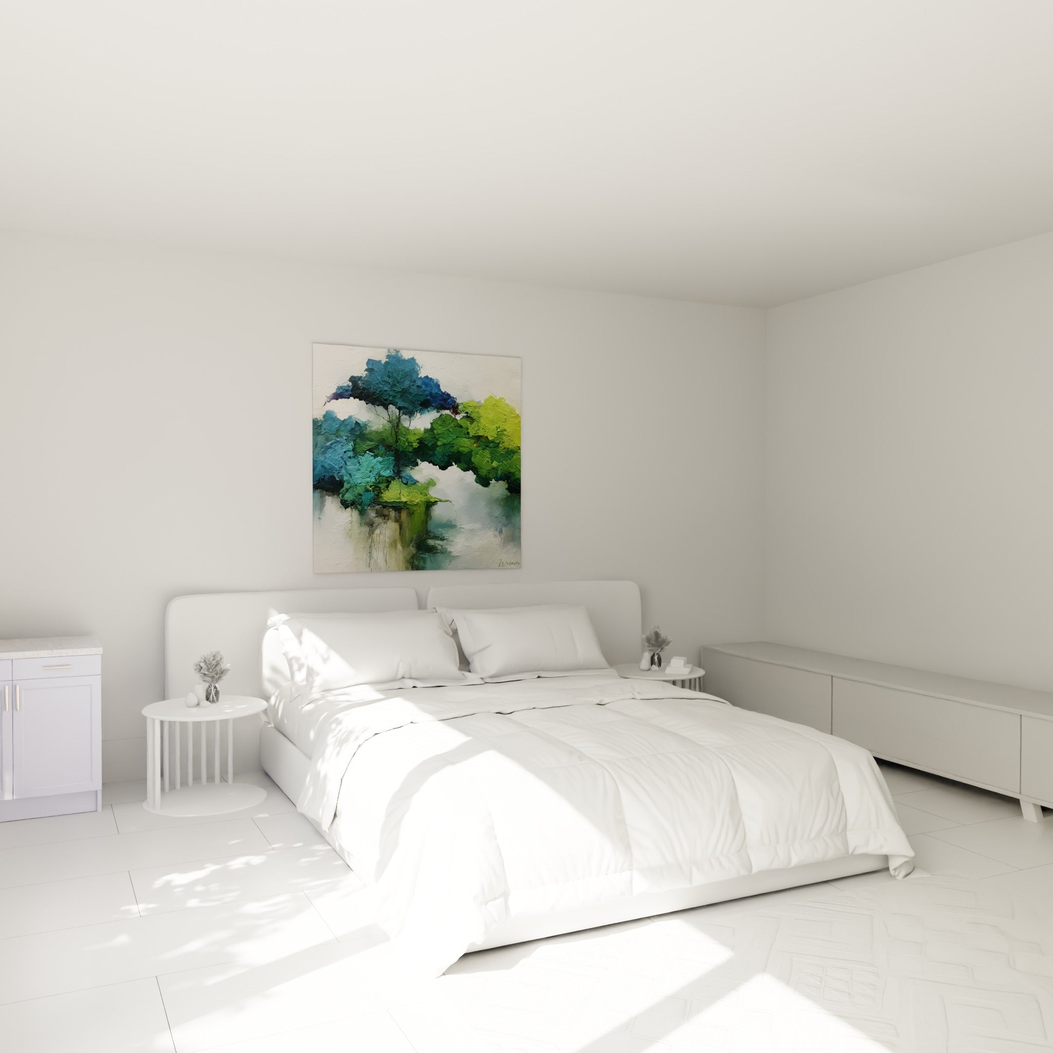 Canopée peinte en bleu profond et vert olive accrochée au-dessus d'un lit dans une chambre claire