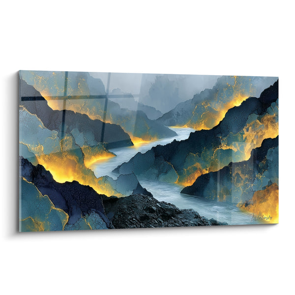 Cuadro Cañón dorado con grietas azul antracita - Grieta luminosa - Edición Artística abstracta