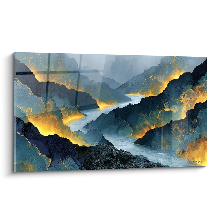 Goldener Canyon mit blauen Anthrazitspalten – Leuchtende Spalte – Künstlerische abstrakte Edition