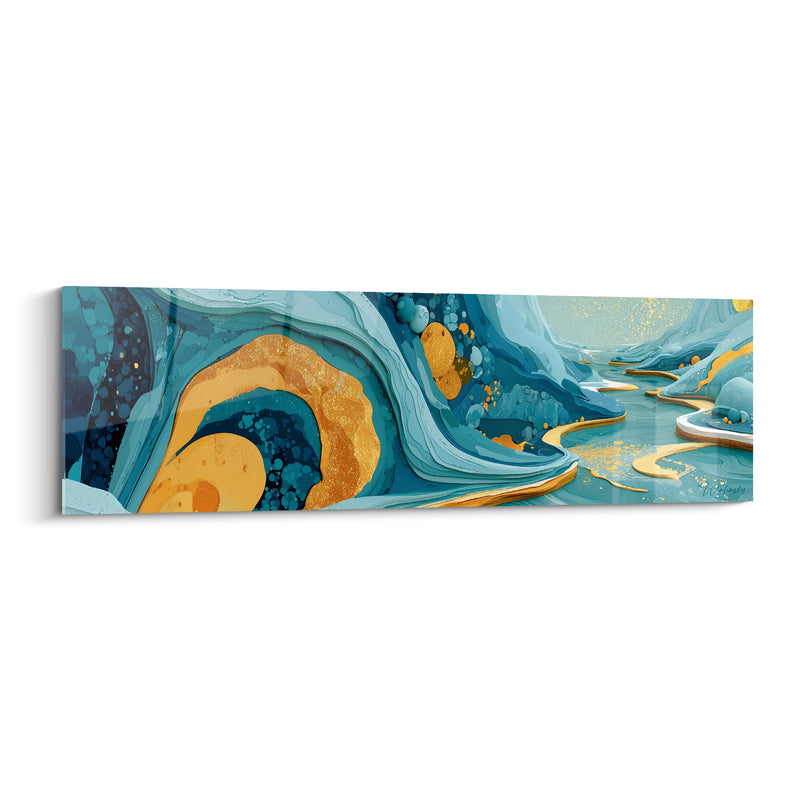 Tableau Vagues concentriques bleu turquoise et doré - Rivière d'or minérale - Edition Artistique abstrait