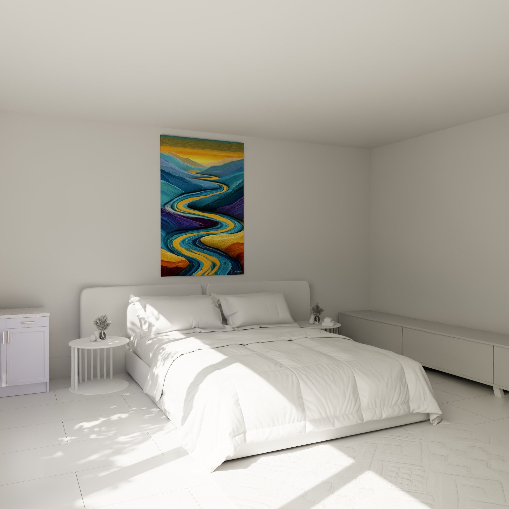 Méandres bleus et dorés d'un canyon peint, tableau artistique abstrait accroché au-dessus d'un lit dans une chambre claire