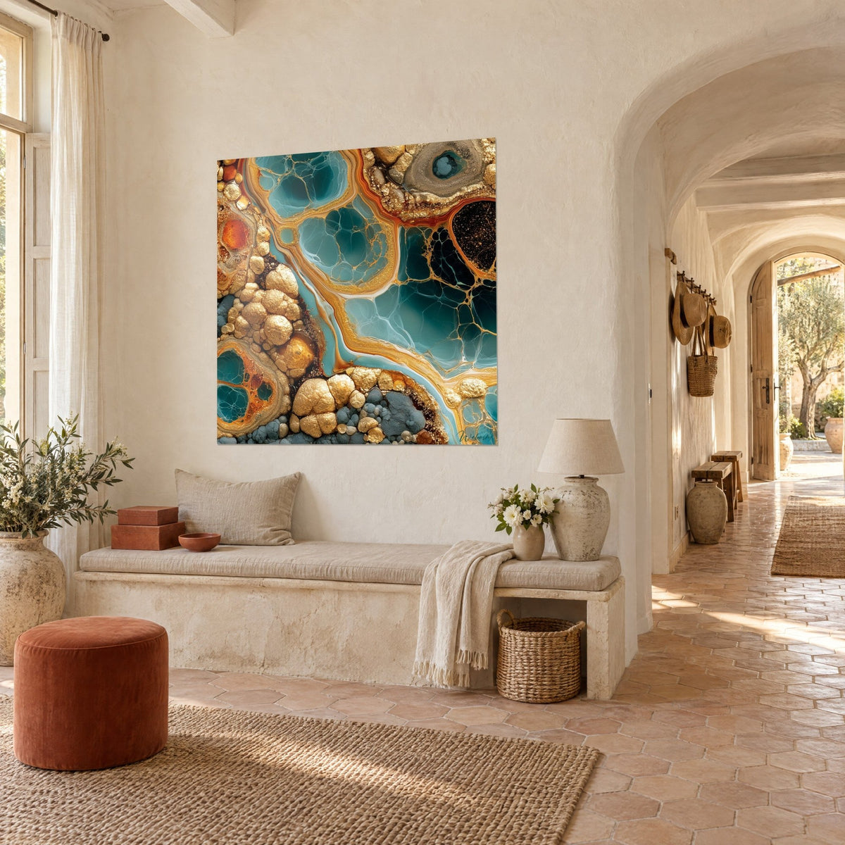 Tableau cristaux minéraux bleu-vert bordés d'or, accroché dans un mas provençal, couloir voûté et banquette en pierre claire