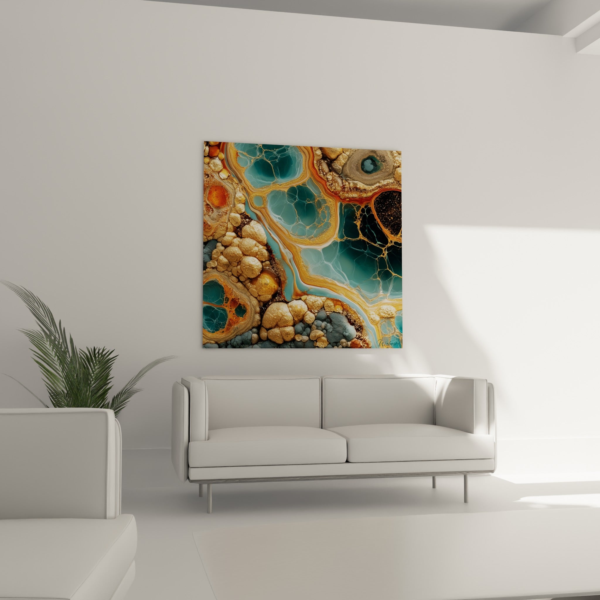 Cristaux dorés et cellules bleu profond se dévoilent au-dessus d'un canapé dans un salon lumineux