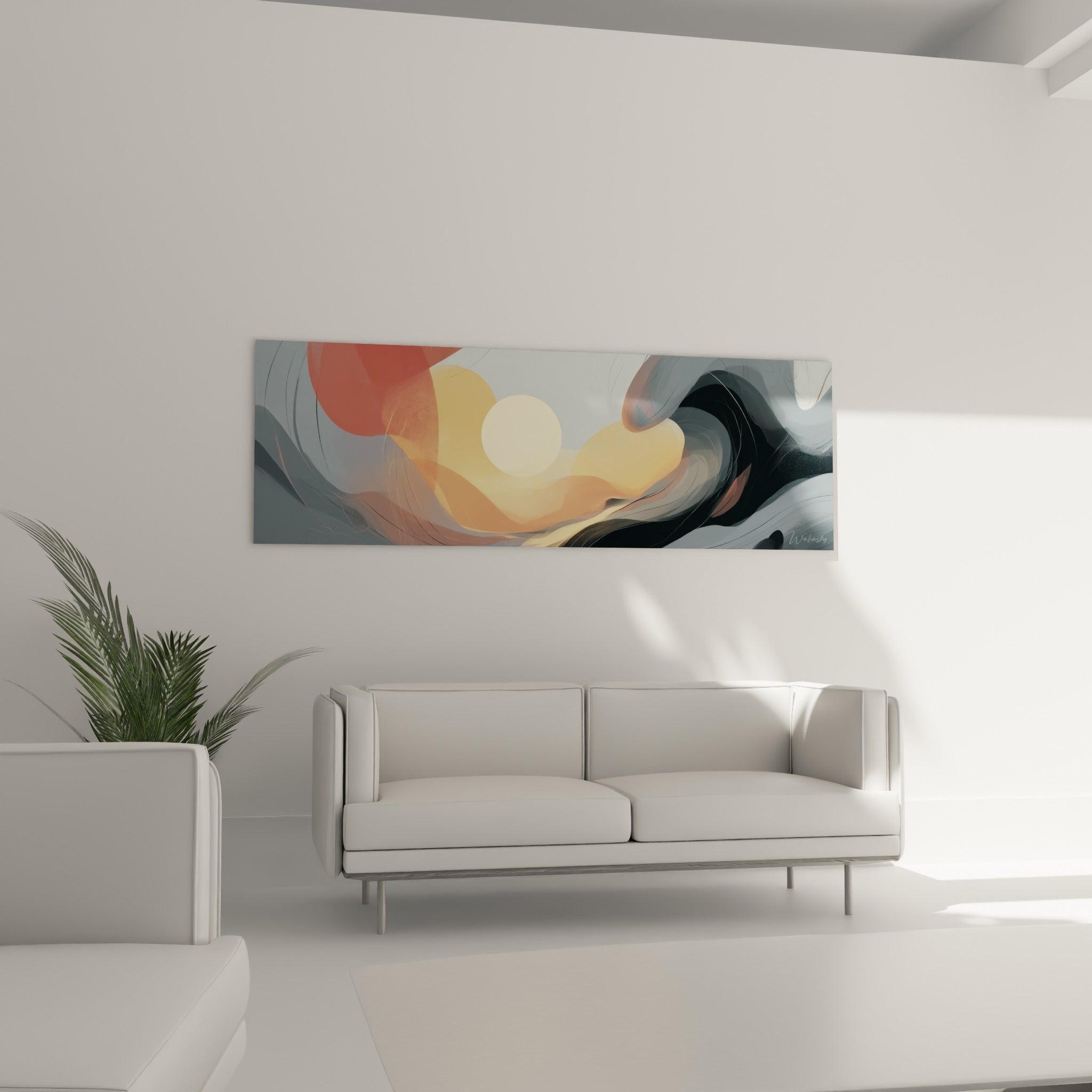 Cercle crème rayonnant parmi des courbes anthracite et orangées, au-dessus d'un canapé dans un salon lumineux