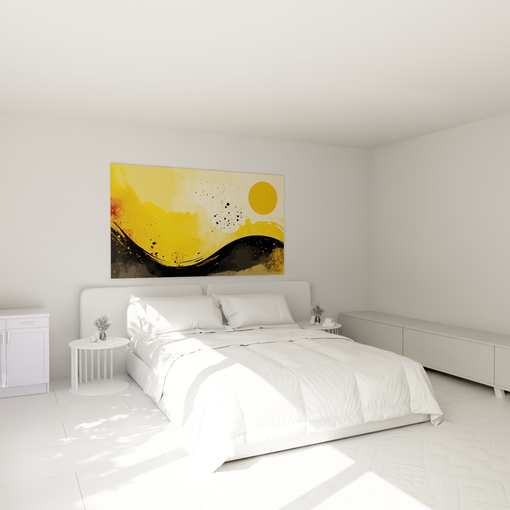 Vague noire et soleil ocre peints avec des éclats d'encre, accrochés au-dessus d'un lit dans une chambre claire