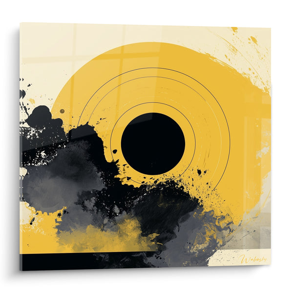 Yellow Mustard Circle with Black Splashes - Eclipse in Motion - Abstract Artistic Edition