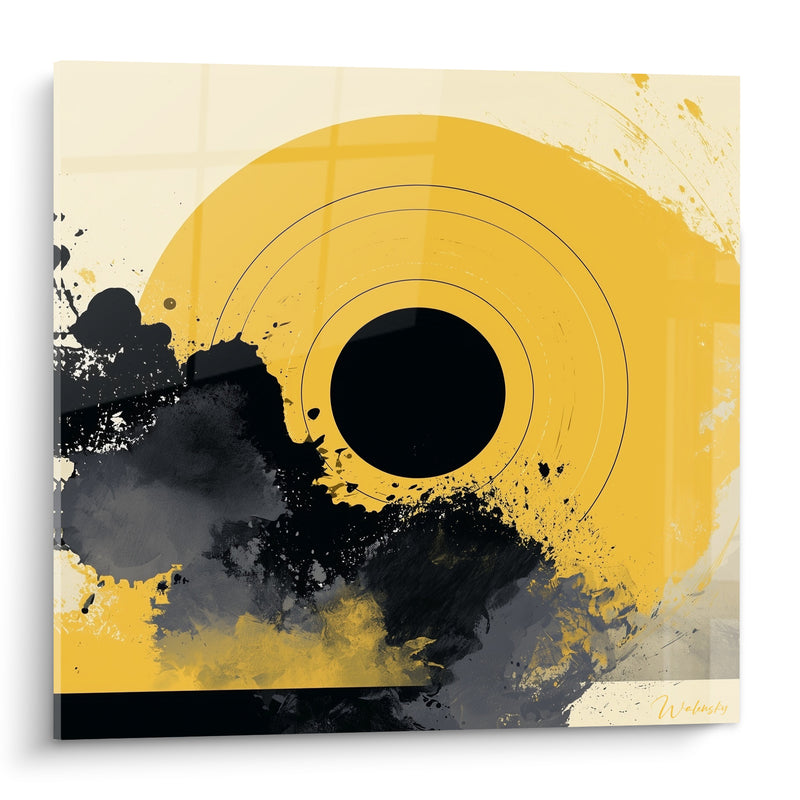 Tableau Cercle jaune moutarde aux éclaboussures noires - Éclipse en mouvement - Edition Artistique abstrait