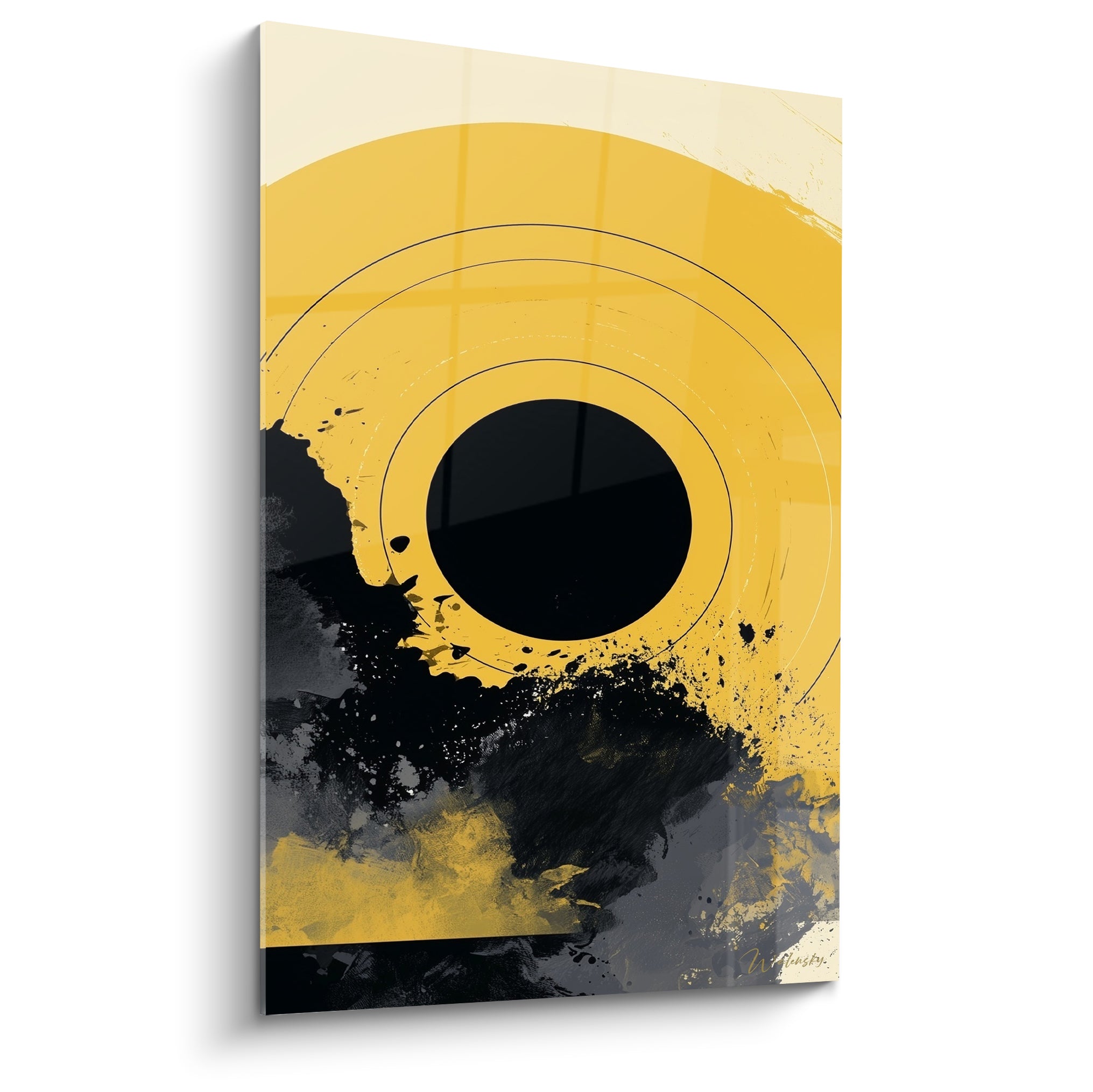 Cercle noir central cerné de jaune moutarde et d'éclaboussures anthracite sur fond crème