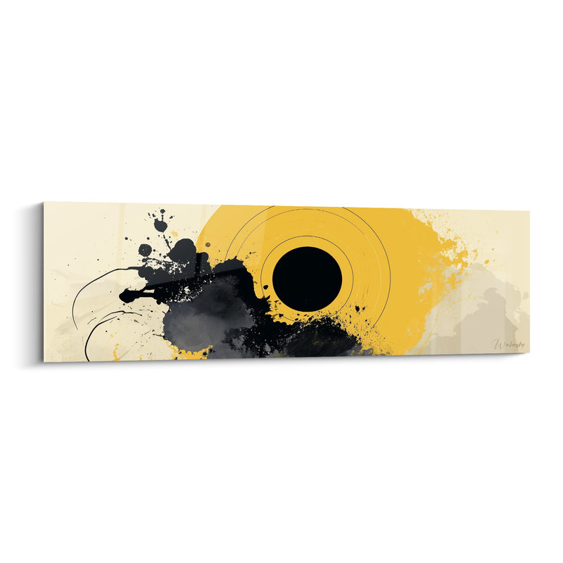 Tableau Cercle noir et jaune aux éclaboussures d'encre - Anneaux concentriques dorés - Edition Artistique abstrait