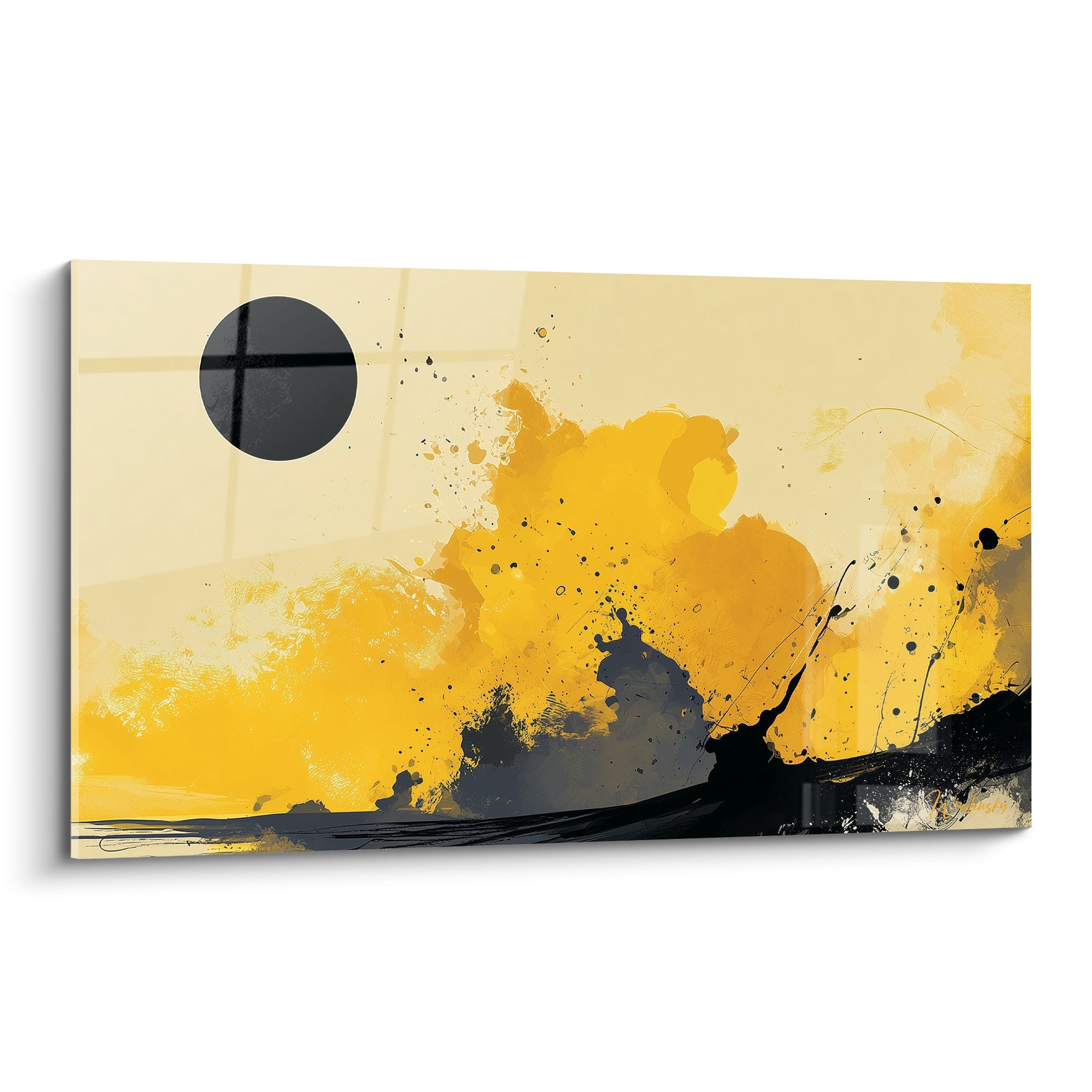 Vague dorée éclaboussée surmontée d'un cercle noir sur fond crème, style abstrait expressif