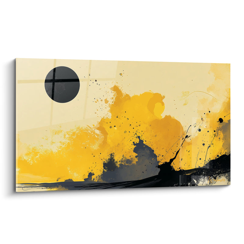 Tableau Disque noir jaune et anthracite au-dessus des embruns - Éclipse solaire abstraite - Edition Artistique abstrait