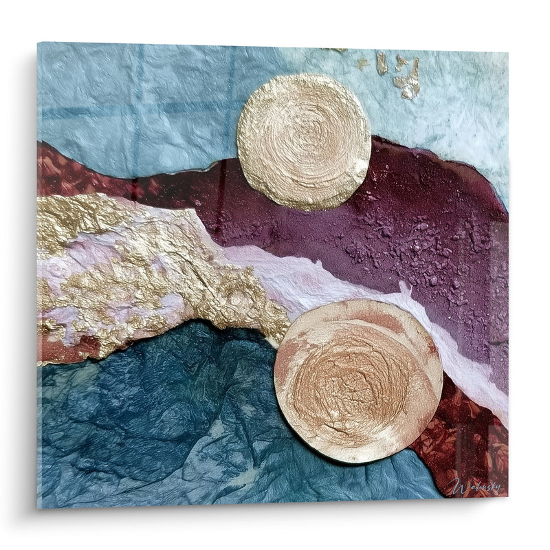 Tableau Cercles dorés aux textures pourpre et bleu - Éclipse minérale - Edition Artistique abstrait