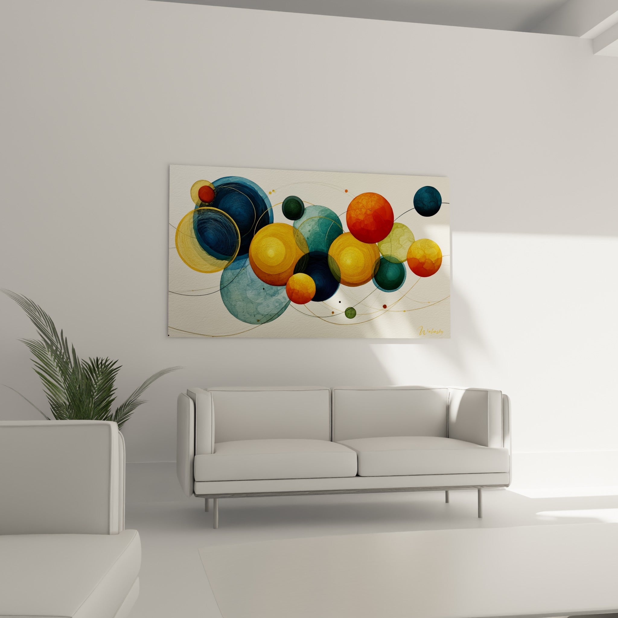 Orbes ocre doré et vert sauge entrelacées, tableau artistique abstrait au-dessus d'un canapé dans un salon lumineux