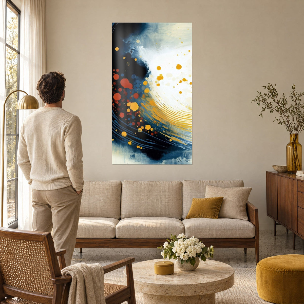 Tableau cascade de bulles ambrées sur fond bleu marine et blanc crème, homme de dos, au-dessus d'un canapé dans un salon lumineux