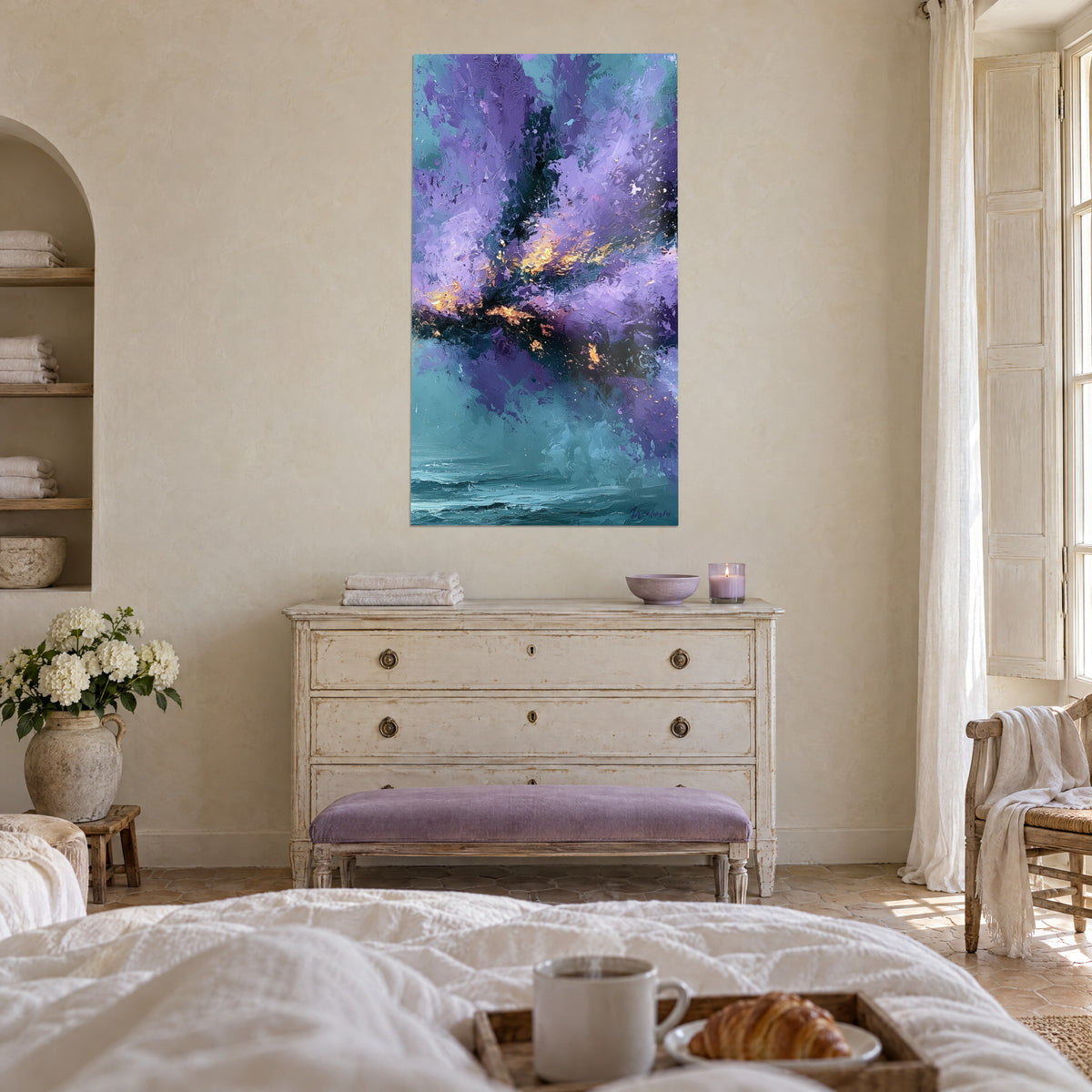 Wall art Amethyst cloud split by a dark fault, ochre and turquoise sparks, above a bed in a bright bedroom