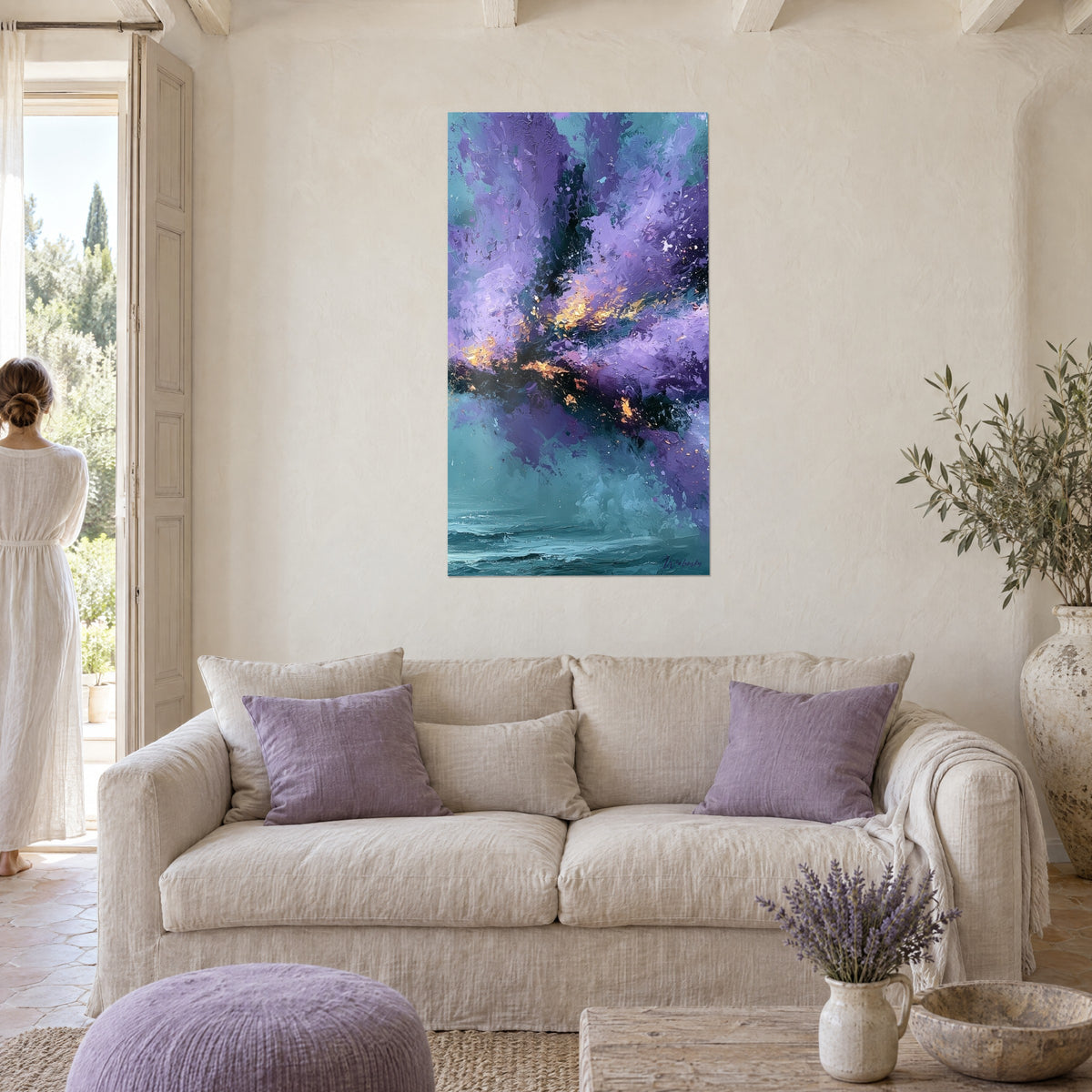Wall art Glowing violet spray over a turquoise sea, golden sparks, woman seen from behind, above a sofa in a bright living room