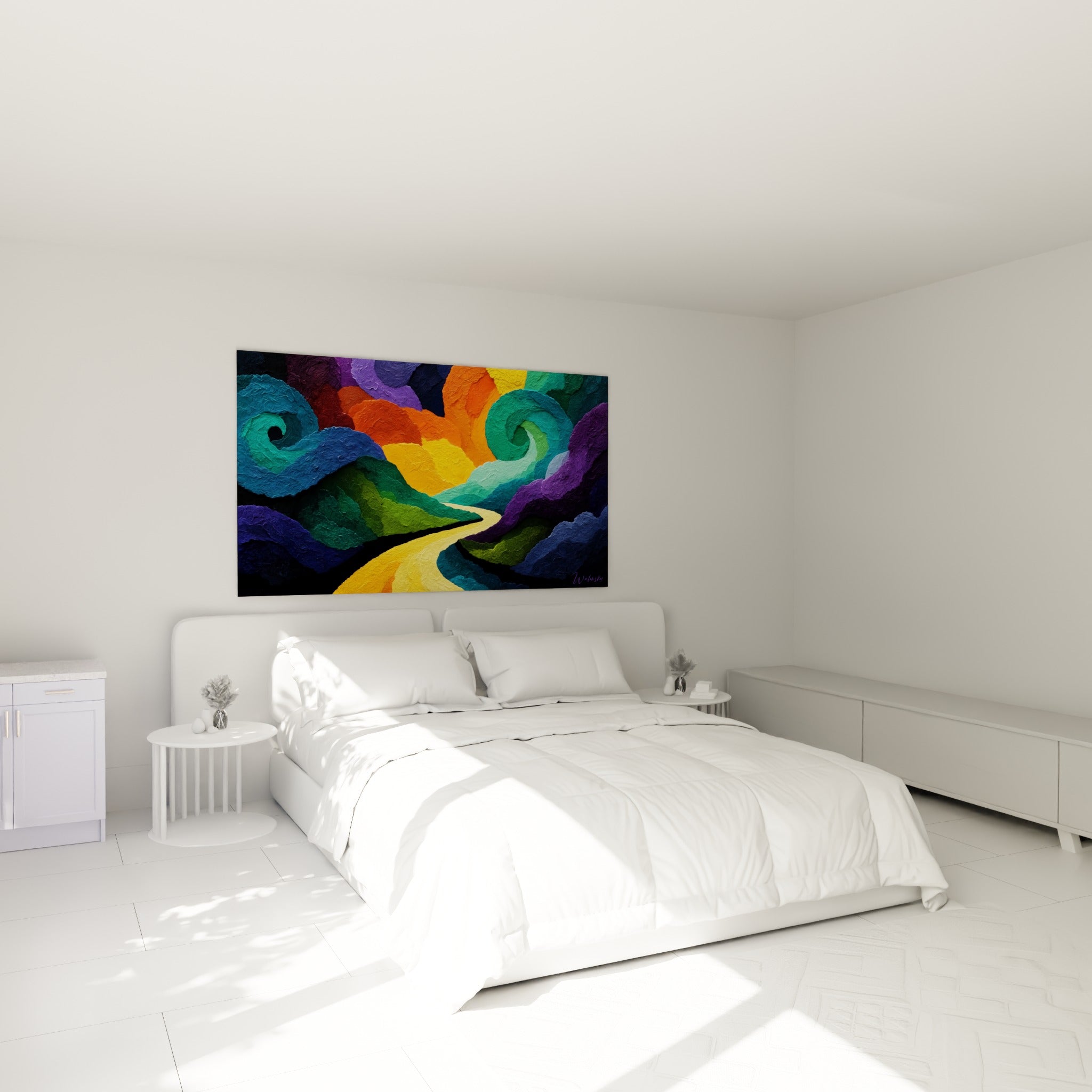 Sentier doré aux spirales turquoise et violettes, œuvre artistique abstraite au-dessus d'un lit dans une chambre claire