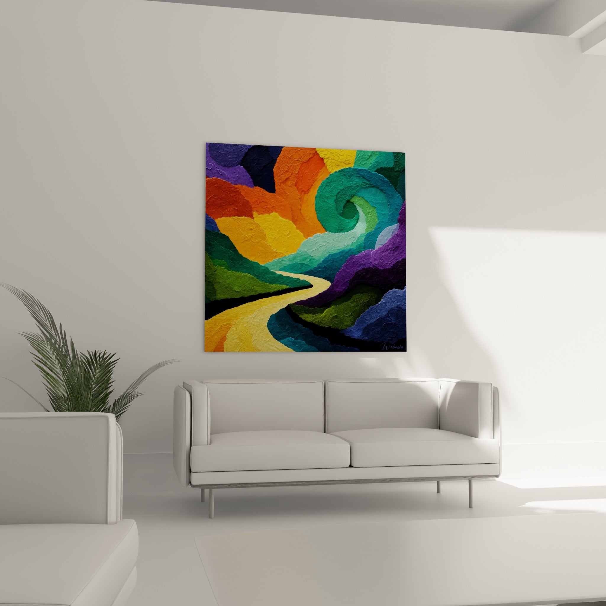 Vague émeraude et sentier jaune structurant ce tableau artistique abstrait, au-dessus d'un canapé dans un salon lumineux