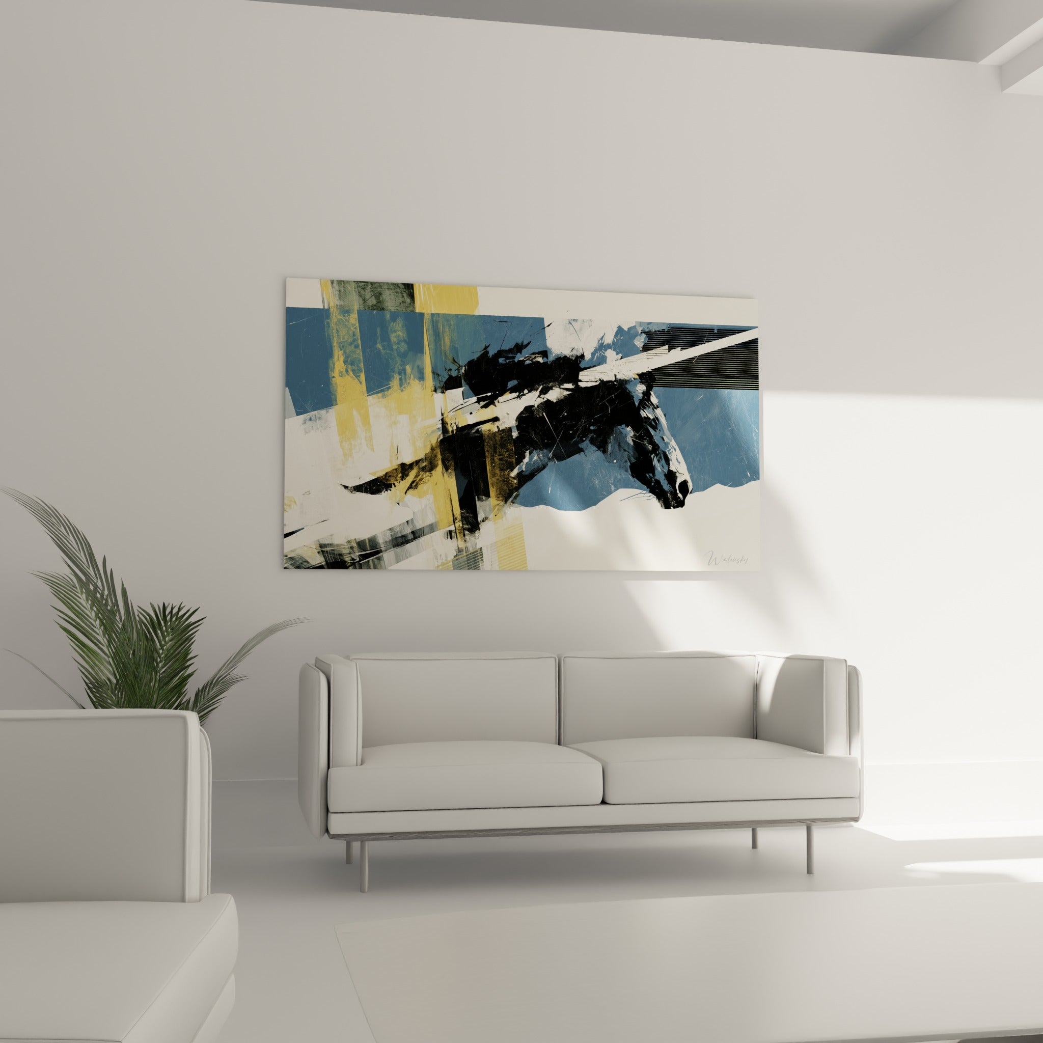 Cheval abstrait aux tons anthracite et doré, suspendu au-dessus d'un canapé dans un salon lumineux
